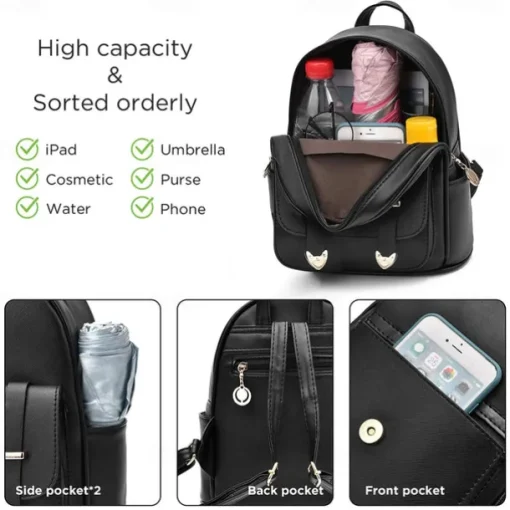 Backpack Purse for Women Large Capacity Leather Shoulder Bags Cute Mini Backpack for Girls,Black, Back to School Gift