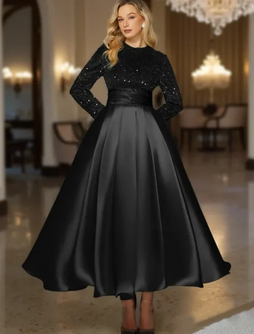 Ball Gown A-Line Sequined Cocktail Dresses Elegant Formal Wedding Ankle Length Long Sleeve Crew Neck Detachable Satin with Pleats Pocket