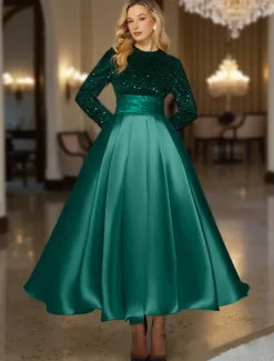 Ball Gown A-Line Sequined Cocktail Dresses Elegant Formal Wedding Ankle Length Long Sleeve Crew Neck Detachable Satin with Pleats Pocket