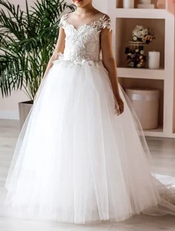 Ball Gown Floor Length Flower Girl Dress First Communion Girls Cute Prom Dress Lace with Sash / Ribbon Boho Tutu Fit 3-16 Years dress to impress