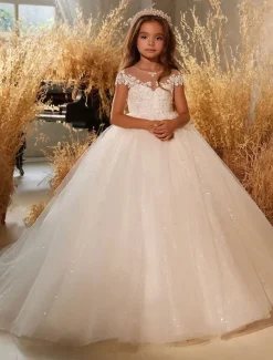 Ball Gown Knee Length Flower Girl Dress Quinceanera Frozen Elsa Girls Cute Prom Dress Tulle with Ruched Royal Style Tutu Fit 3-16 Years