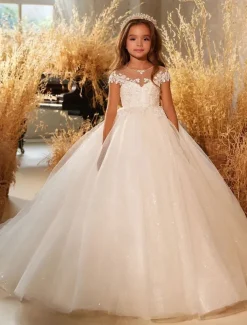 Ball Gown Knee Length Flower Girl Dress Quinceanera Frozen Elsa Girls Cute Prom Dress Tulle with Ruched Royal Style Tutu Fit 3-16 Years