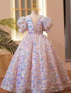 Ball Gown Short / Mini Flower Girl Dress Wedding Party Girls Cute Prom Dress Tulle with Embroidery Beach Fit 3-16 Years