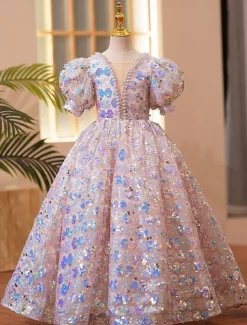 Ball Gown Short / Mini Flower Girl Dress Wedding Party Girls Cute Prom Dress Tulle with Embroidery Beach Fit 3-16 Years