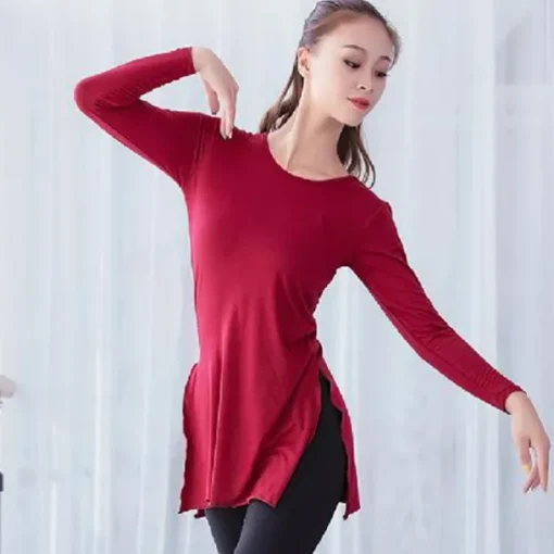 Ballet Top Slit Ruching Pure Color Women's Performance Training Long Sleeve High Modal