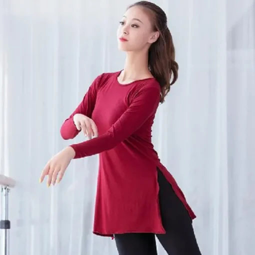 Ballet Top Slit Ruching Pure Color Women's Performance Training Long Sleeve High Modal