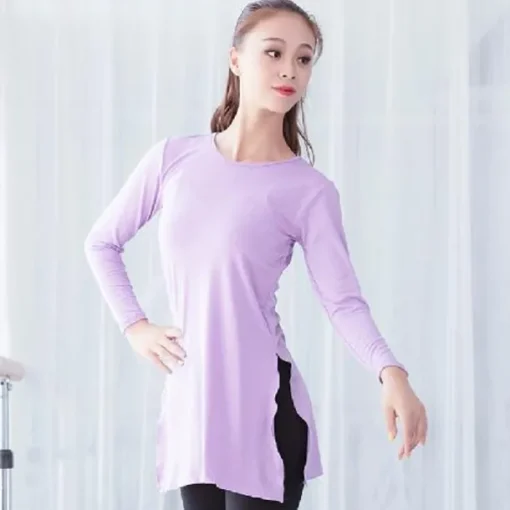 Ballet Top Slit Ruching Pure Color Women's Performance Training Long Sleeve High Modal