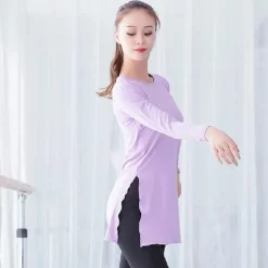 Ballet Top Slit Ruching Pure Color Women's Performance Training Long Sleeve High Modal