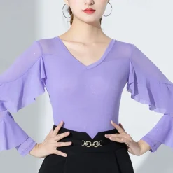 Ballroom Dance Activewear Leotard / Onesie Ruffles Pure Color Splicing Women's Performance Training Long Sleeve High Nylon