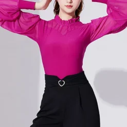 Ballroom Dance Activewear Top Printing Pure Color Splicing Women's Performance Training Long Sleeve High Polyester