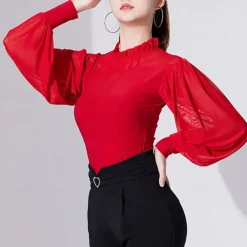 Ballroom Dance Activewear Top Printing Pure Color Splicing Women's Performance Training Long Sleeve High Polyester