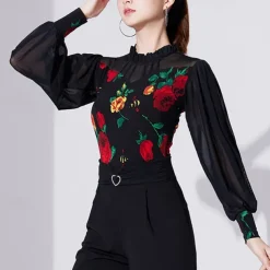 Ballroom Dance Activewear Top Printing Pure Color Splicing Women's Performance Training Long Sleeve High Polyester