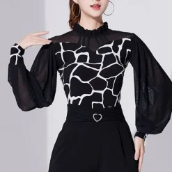 Ballroom Dance Activewear Top Printing Pure Color Splicing Women's Performance Training Long Sleeve High Polyester