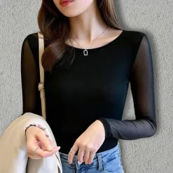 Ballroom Dance Activewear Top Ruching Pure Color Splicing Women's Performance Training Long Sleeve High Polyester Mesh