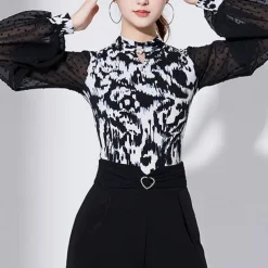 Ballroom Dance Activewear Leotard / Onesie Pure Color Splicing Tulle Women's Performance Training Long Sleeve High Polyester