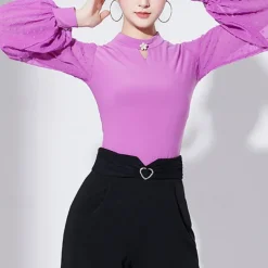 Ballroom Dance Activewear Leotard / Onesie Pure Color Splicing Tulle Women's Performance Training Long Sleeve High Polyester