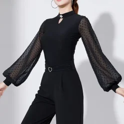 Ballroom Dance Activewear Leotard / Onesie Pure Color Splicing Tulle Women's Performance Training Long Sleeve High Polyester