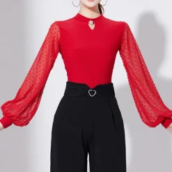 Ballroom Dance Activewear Leotard / Onesie Pure Color Splicing Tulle Women's Performance Training Long Sleeve High Polyester