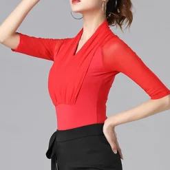 Ballroom Dance Activewear Leotard / Onesie Pure Color Splicing Tulle Women's Performance Training Short Sleeve High Nylon