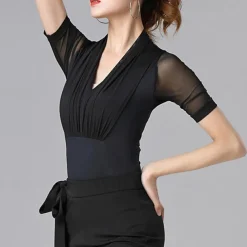 Ballroom Dance Activewear Leotard / Onesie Pure Color Splicing Tulle Women's Performance Training Short Sleeve High Nylon