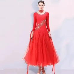 Ballroom Dance Dress Embroidery Splicing Crystals / Rhinestones Women's Performance Party Long Sleeve Mesh Spandex Organza