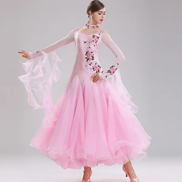 Ballroom Dance Dress Embroidery Appliques Split Joint Women's Performance Training Long Sleeve Spandex Organza Polyester