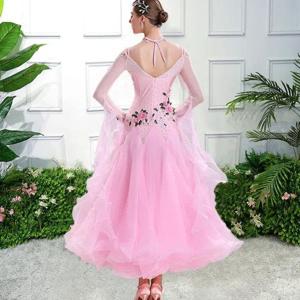 Ballroom Dance Dress Embroidery Appliques Split Joint Women's Performance Training Long Sleeve Spandex Organza Polyester