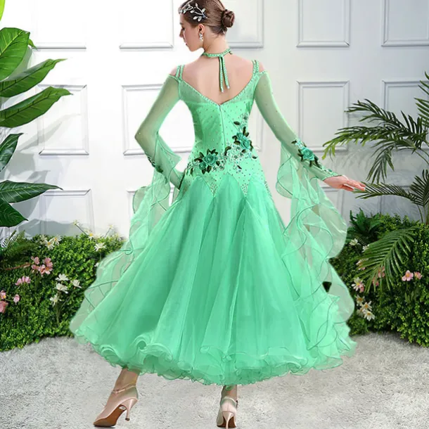 Ballroom Dance Dress Embroidery Appliques Split Joint Women's Performance Training Long Sleeve Spandex Organza Polyester