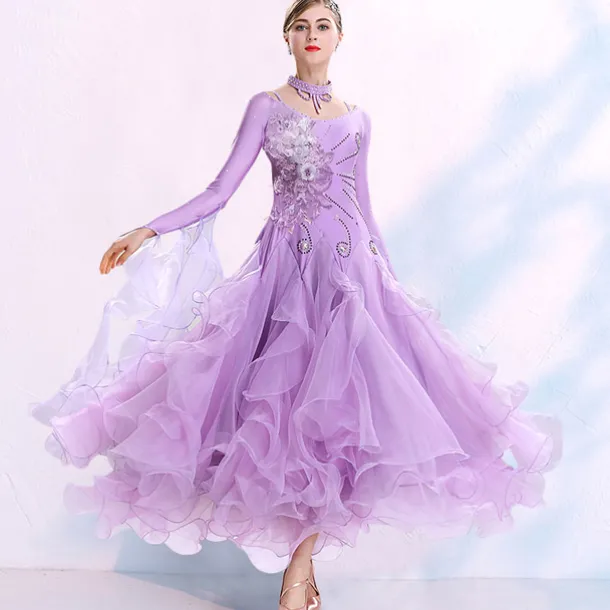 Ballroom Dance Dress Embroidery Split Joint Crystals / Rhinestones Women's Training Performance Long Sleeve Spandex Organza