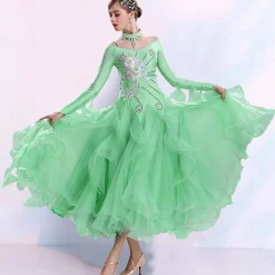 Ballroom Dance Dress Embroidery Split Joint Crystals / Rhinestones Women's Training Performance Long Sleeve Spandex Organza
