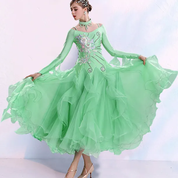 Ballroom Dance Dress Embroidery Split Joint Crystals / Rhinestones Women's Training Performance Long Sleeve Spandex Organza