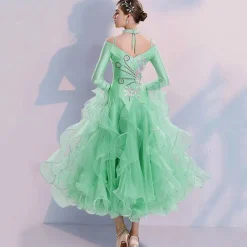 Ballroom Dance Dress Embroidery Split Joint Crystals / Rhinestones Women's Training Performance Long Sleeve Spandex Organza