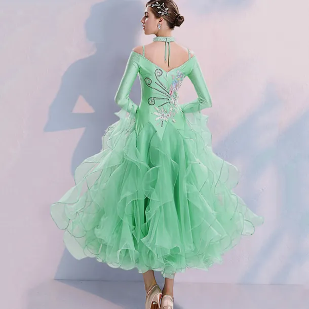 Ballroom Dance Dress Embroidery Split Joint Crystals / Rhinestones Women's Training Performance Long Sleeve Spandex Organza