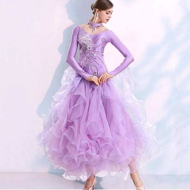 Ballroom Dance Dress Embroidery Split Joint Crystals / Rhinestones Women's Training Performance Long Sleeve Spandex Organza
