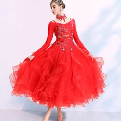 Ballroom Dance Dress Embroidery Split Joint Crystals / Rhinestones Women's Training Performance Long Sleeve Spandex Organza