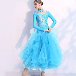 Ballroom Dance Dress Embroidery Split Joint Crystals / Rhinestones Women's Training Performance Long Sleeve Spandex Organza