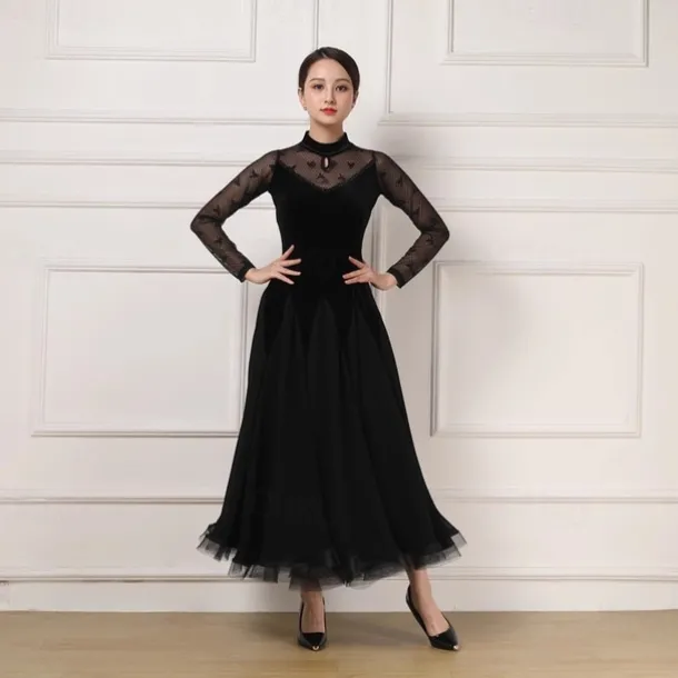 Ballroom Dance Dress Lace Pure Color Splicing Women's Performance Party Long Sleeve Charmeuse Pleuche
