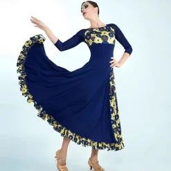 Ballroom Dance Dress Printing Splicing Women's Performance Training 3/4 Length Sleeve Polyester Mesh Spandex