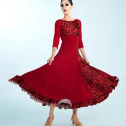 Ballroom Dance Dress Printing Splicing Women's Performance Training 3/4 Length Sleeve Polyester Mesh Spandex
