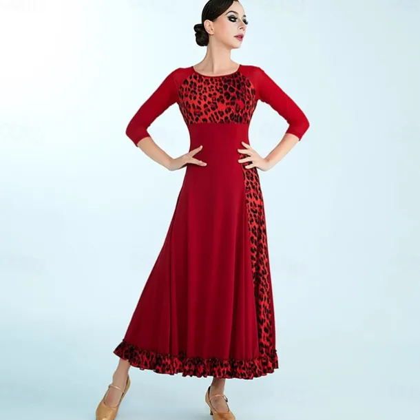Ballroom Dance Dress Printing Splicing Women's Performance Training 3/4 Length Sleeve Polyester Mesh Spandex