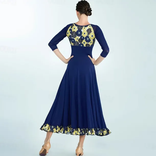 Ballroom Dance Dress Printing Splicing Women's Performance Training 3/4 Length Sleeve Polyester Mesh Spandex