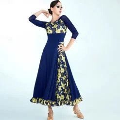 Ballroom Dance Dress Printing Splicing Women's Performance Training 3/4 Length Sleeve Polyester Mesh Spandex