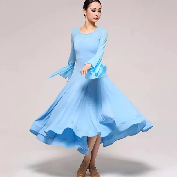 Ballroom Dance Dress Pure Color Splicing Women's Performance Party Long Sleeve Crystal Cotton Mesh