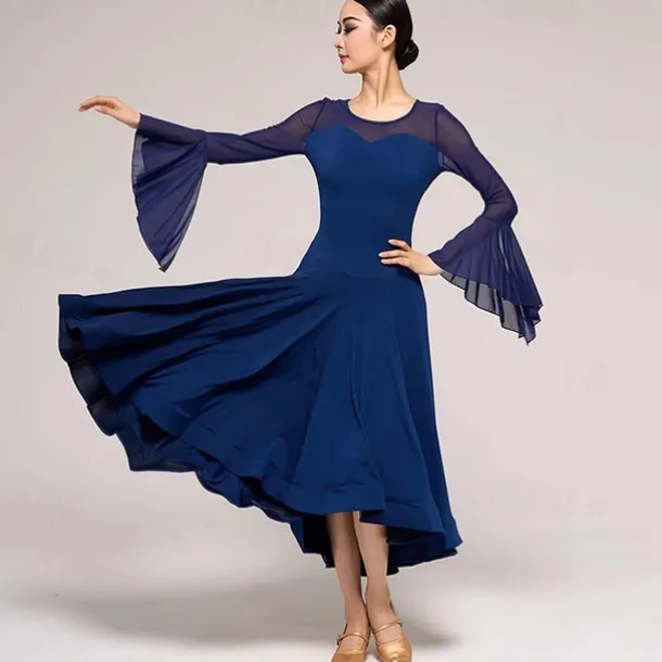Ballroom Dance Dress Pure Color Splicing Women's Performance Party Long Sleeve Crystal Cotton Mesh
