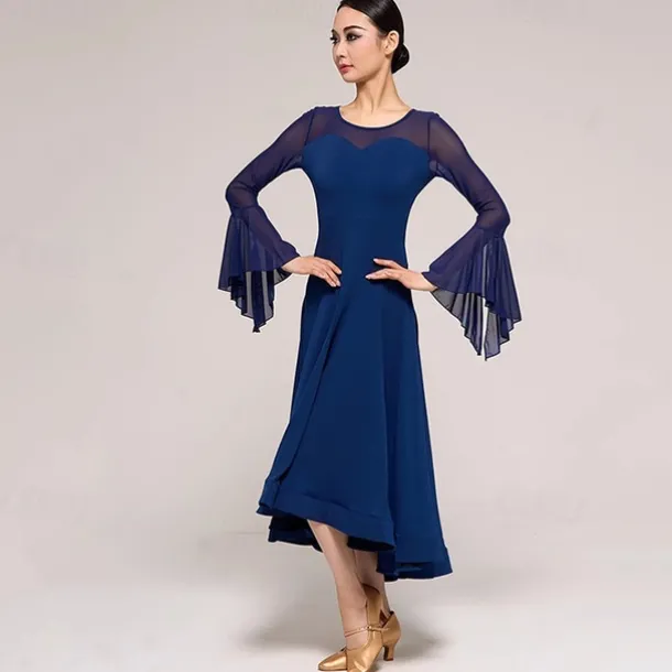 Ballroom Dance Dress Pure Color Splicing Women's Performance Party Long Sleeve Crystal Cotton Mesh