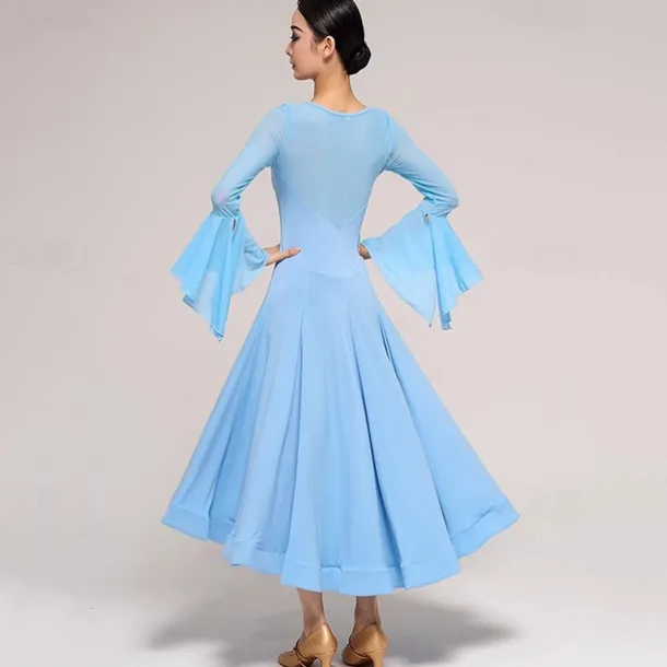 Ballroom Dance Dress Pure Color Splicing Women's Performance Party Long Sleeve Crystal Cotton Mesh