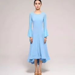 Ballroom Dance Dress Pure Color Splicing Women's Performance Party Long Sleeve Crystal Cotton Mesh