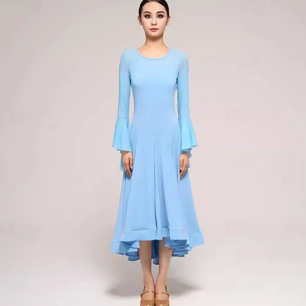 Ballroom Dance Dress Pure Color Splicing Women's Performance Party Long Sleeve Crystal Cotton Mesh