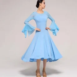 Ballroom Dance Dress Pure Color Splicing Women's Performance Party Long Sleeve Crystal Cotton Mesh