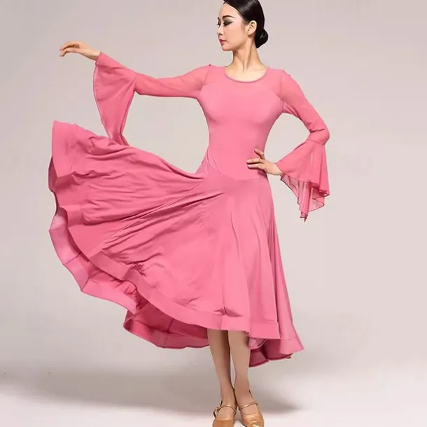 Ballroom Dance Dress Pure Color Splicing Women's Performance Party Long Sleeve Crystal Cotton Mesh